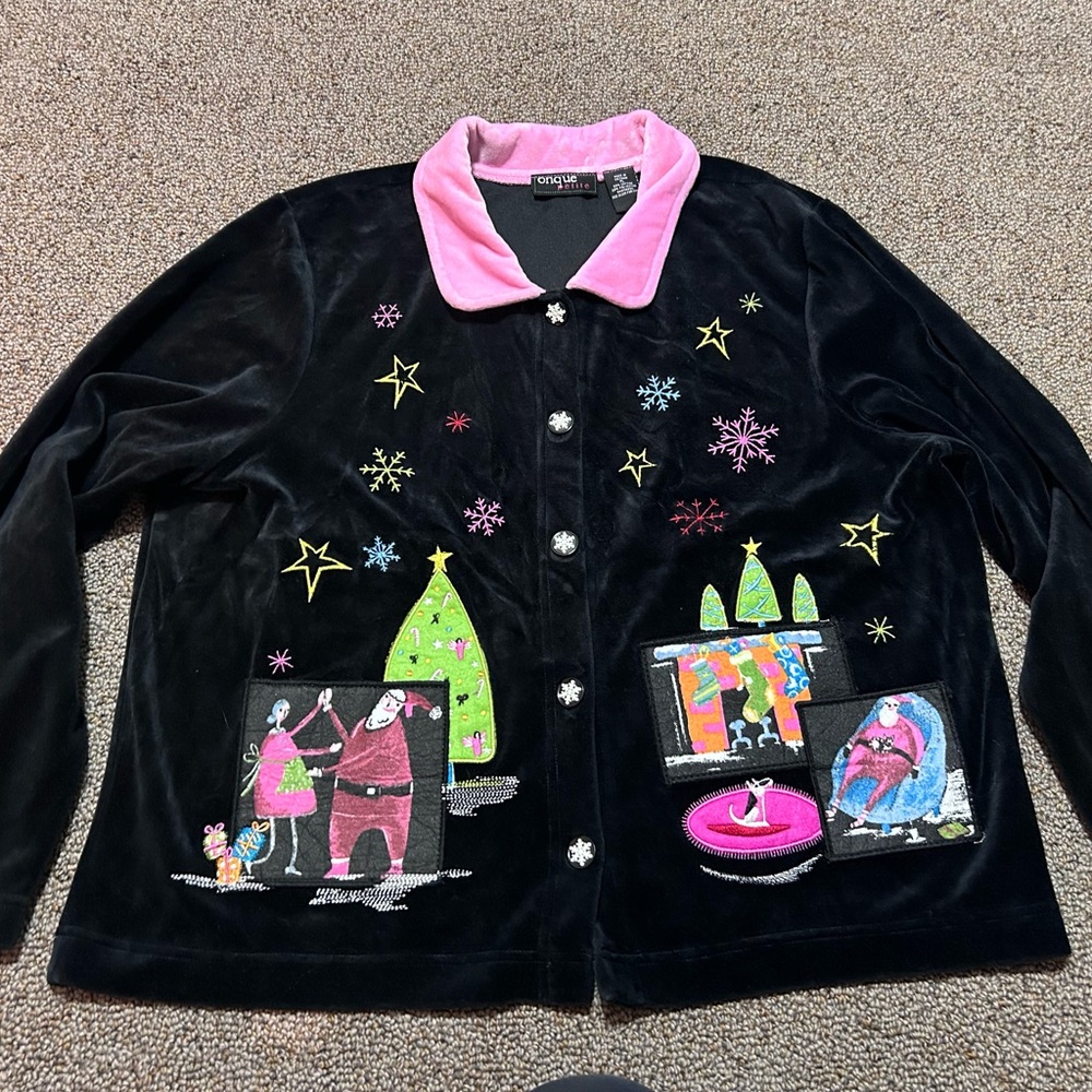Onque Petite Black and Pink Christmas Cardigan Size Petite Large